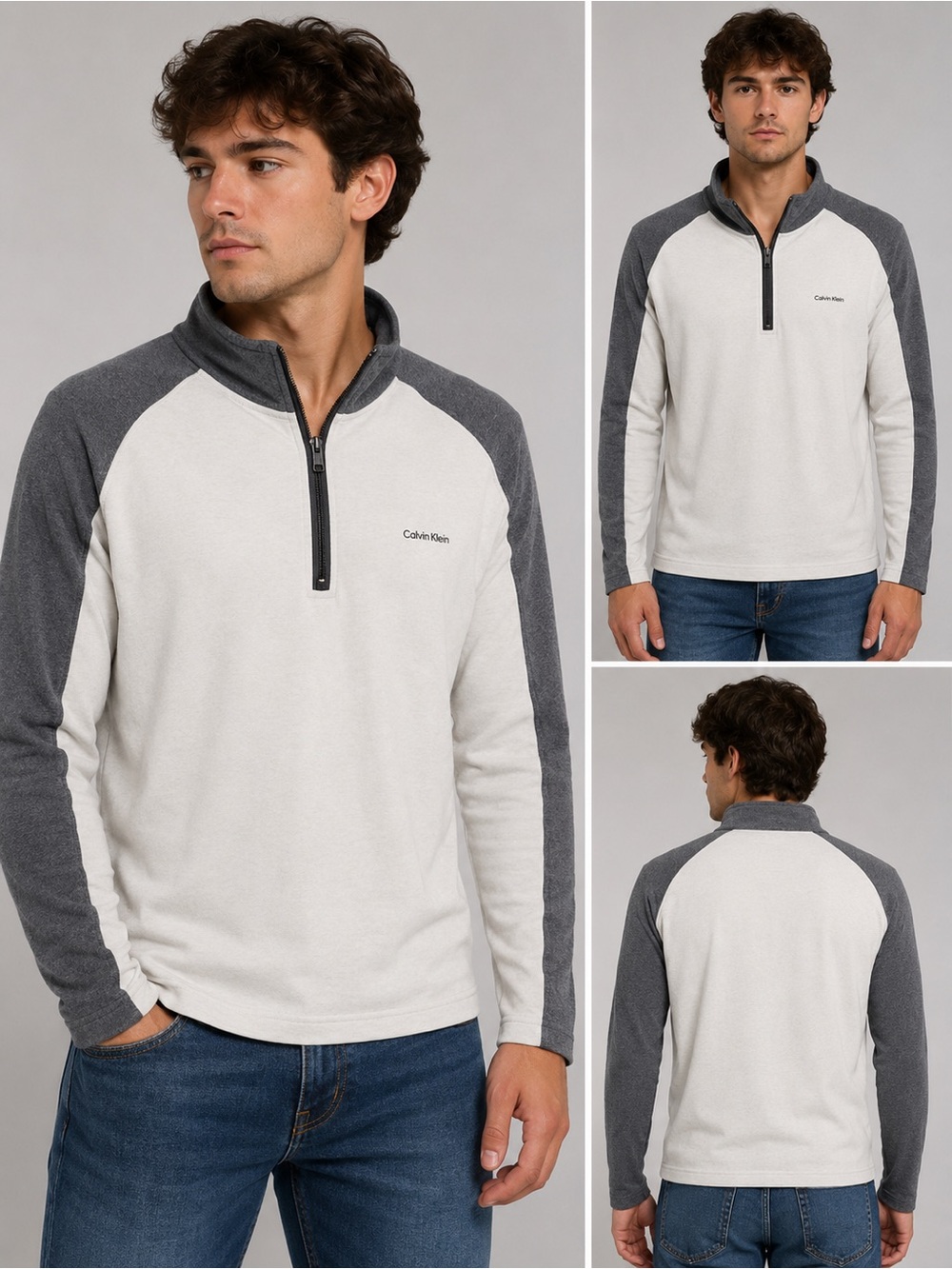 Calvin Klein Men’s Large Quarter Zip Pullover Gray White Long Sleeve Shirt